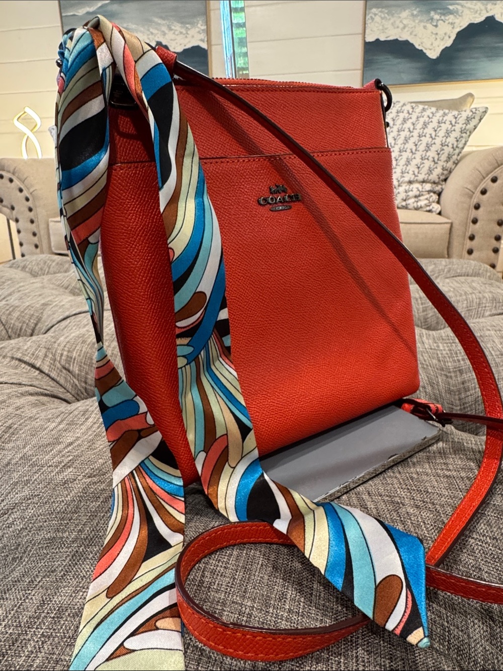 Coach Bag Kitt Orange Rusted Red Leather Crossbody with Patterned Scarf - Picture 3 of 17